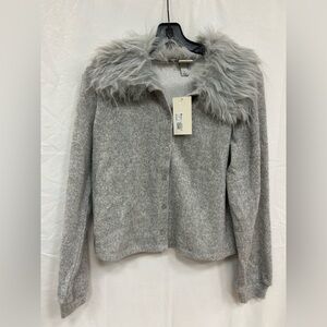 a new day Gray Faux Fur Collar Button Cardigan Sweater